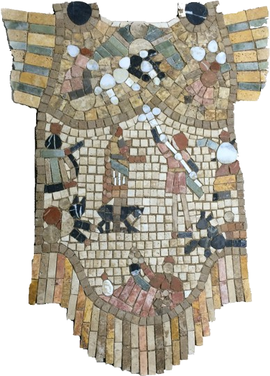 <small>Dimensiones. 57 cm x 79 cm<br/>Técnica: Mosaico realizado con técnica de doble directo, con teselas de mármol de diferentes colores y consolidado sobre malla de fibra de vidrio y Sikaflex</small>